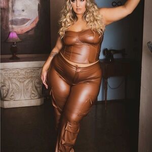 Faux Leather Corset & Cargo Pant Set | Caramel Brown 1x
